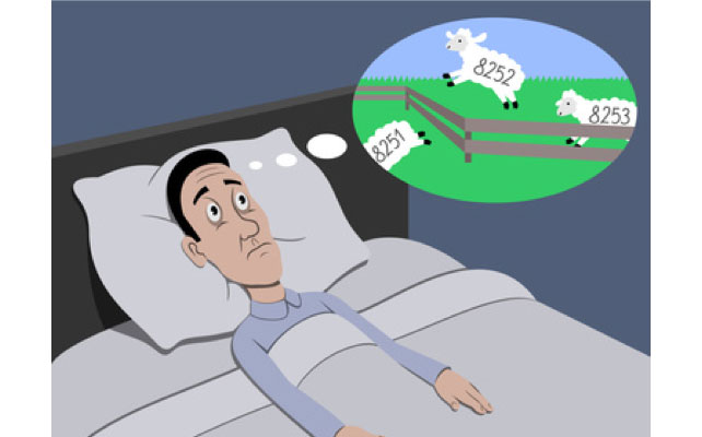 l'image d'un homme allongé dans son lit les yeux grands ouverts et une bulle qui montre qu'il compte les moutons. l'hypnose pour améliorer la qualité de votre sommeil