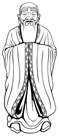 dessin de Confucius en noir et blanc, porte une longue toge ferme les yeux debout en méditation