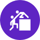 Logo blanc et mauve représentant une personne qui en aide une autre à grimper sur un cube en lui tenant la main