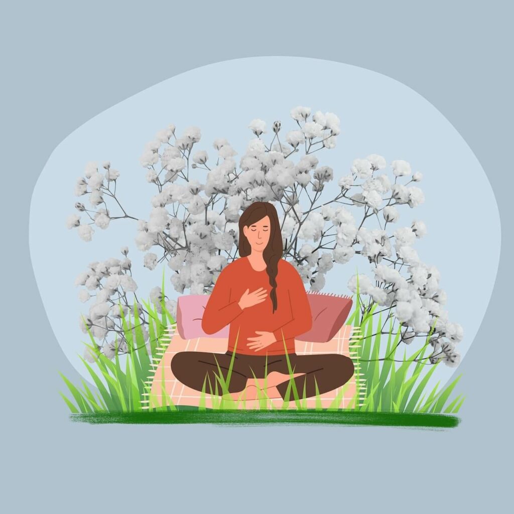 image illustrant une femme en position lotus. Une manière de présenter la cohérence cardiaque. outil pour l'hypnose à Rennes